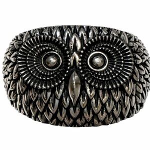 Silver Tone Owl Hinged Cuff Bracelet Lightweight Wide Statement Bird Jewelry